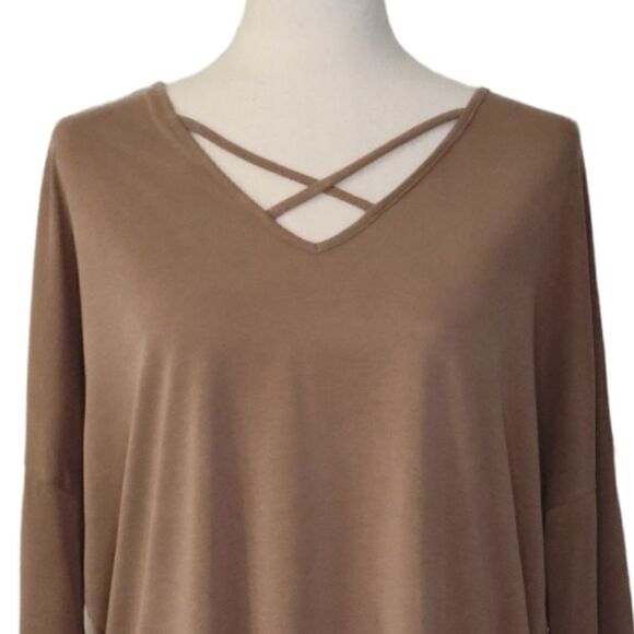 Active USA Heathered Tan V-neck Crisscross Drop Sleeve Stretchy Top Size L - Picture 4 of 7